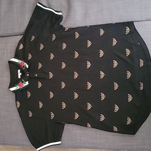 L-Black Polo Shirt with Roses on Collar